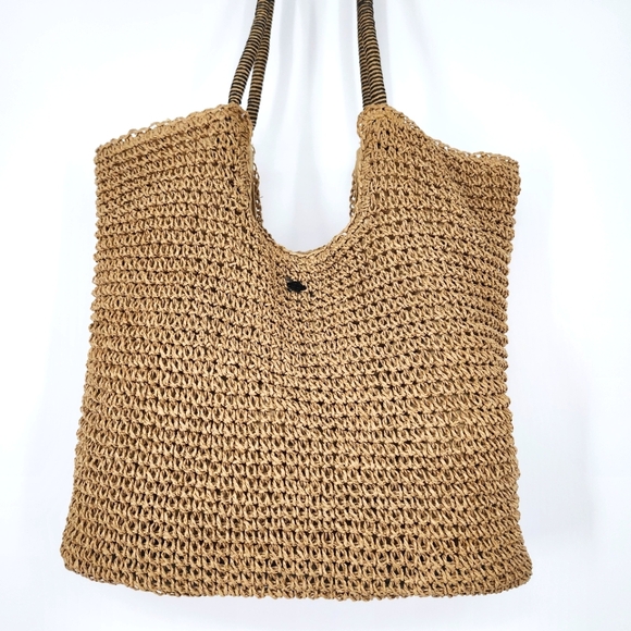 CALIA by Carrie Underwood Handbags - CALIA Womens Paper Straw Tote Bag Tan Black Resortwear Coastal Beachy Summer